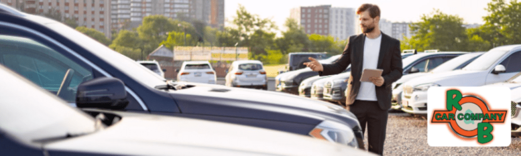 Customers browsing used cars at R&B Car Company South Bend dealership lot.
