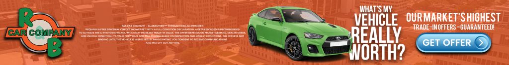 RB Car Company trade-in offer banner featuring a green sports car with the text 'What's my vehicle really worth?' and 'Our market's highest trade-in offers – guaranteed!' Includes RB Car Company logo and a blue 'Get Offer' button. Ideal for customers looking to sell or trade their car at top value.