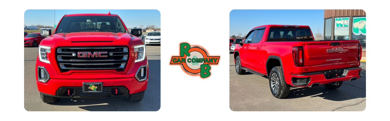 Front and rear views of a red GMC Sierra 1500 pickup truck displayed at  R&B Car Company South Bend.